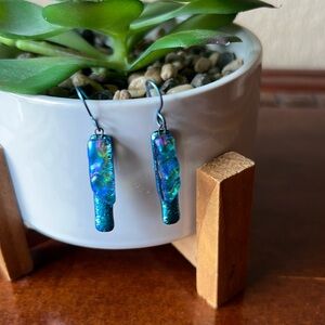 Blue dichroic glass dangle earrings